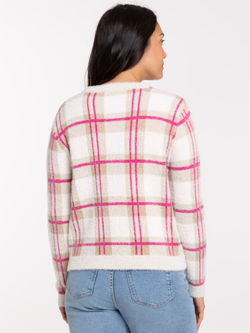 Pull à carreaux col rond femme