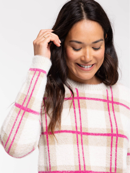 Pull à carreaux col rond femme