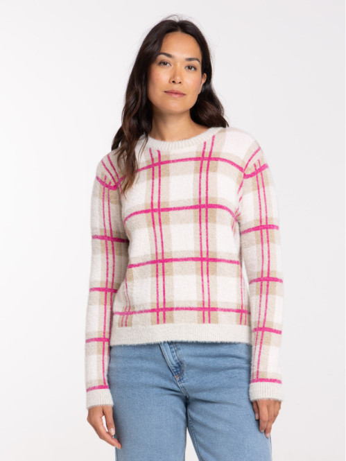 Pull à carreaux col rond femme