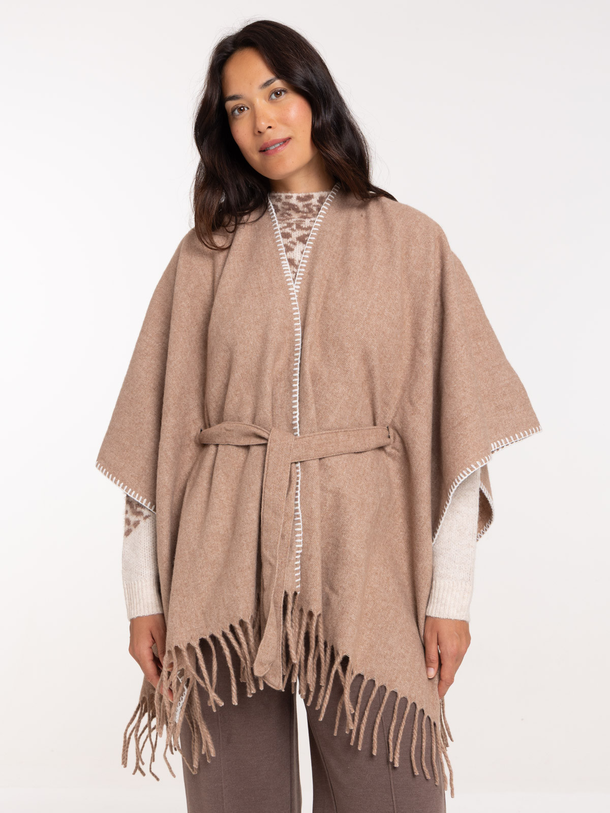 Poncho franges beige chiné femme