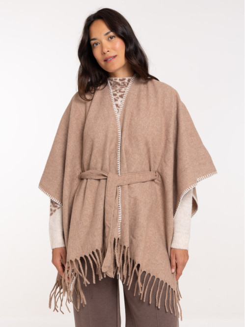 Poncho franges beige chiné...