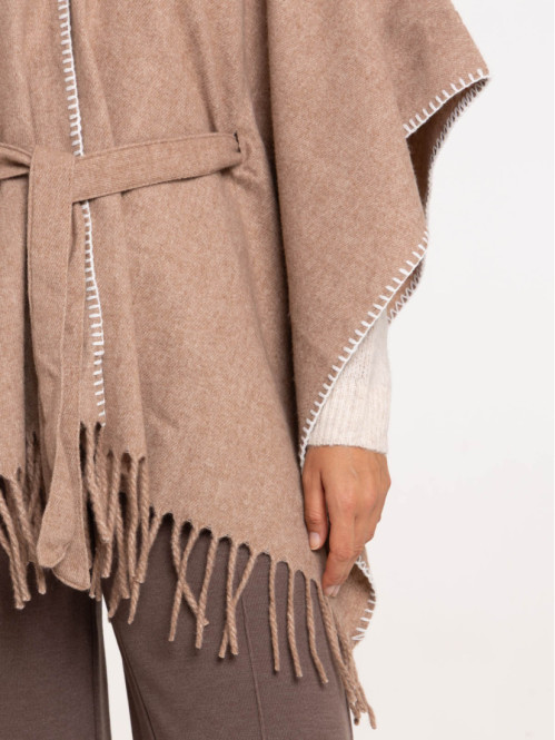 Poncho franges beige chiné...