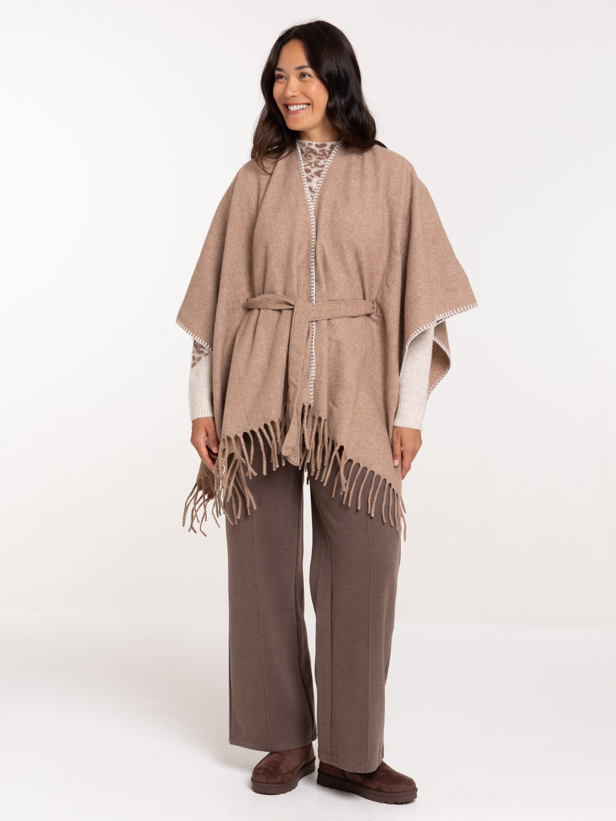 Poncho franges beige chiné femme