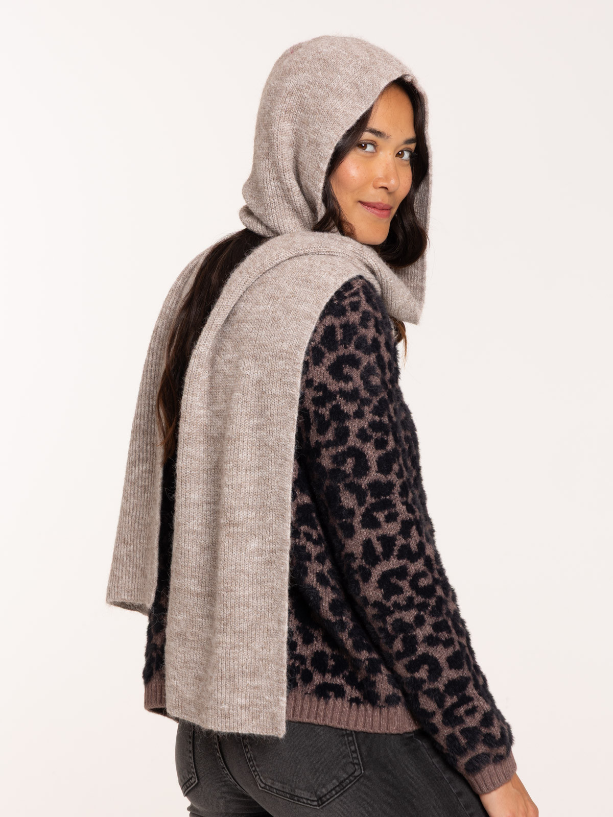 Bonnet écharpe 2-en-1 beige chiné femme Bonnet écharpe 2-en-1 beige chiné femme