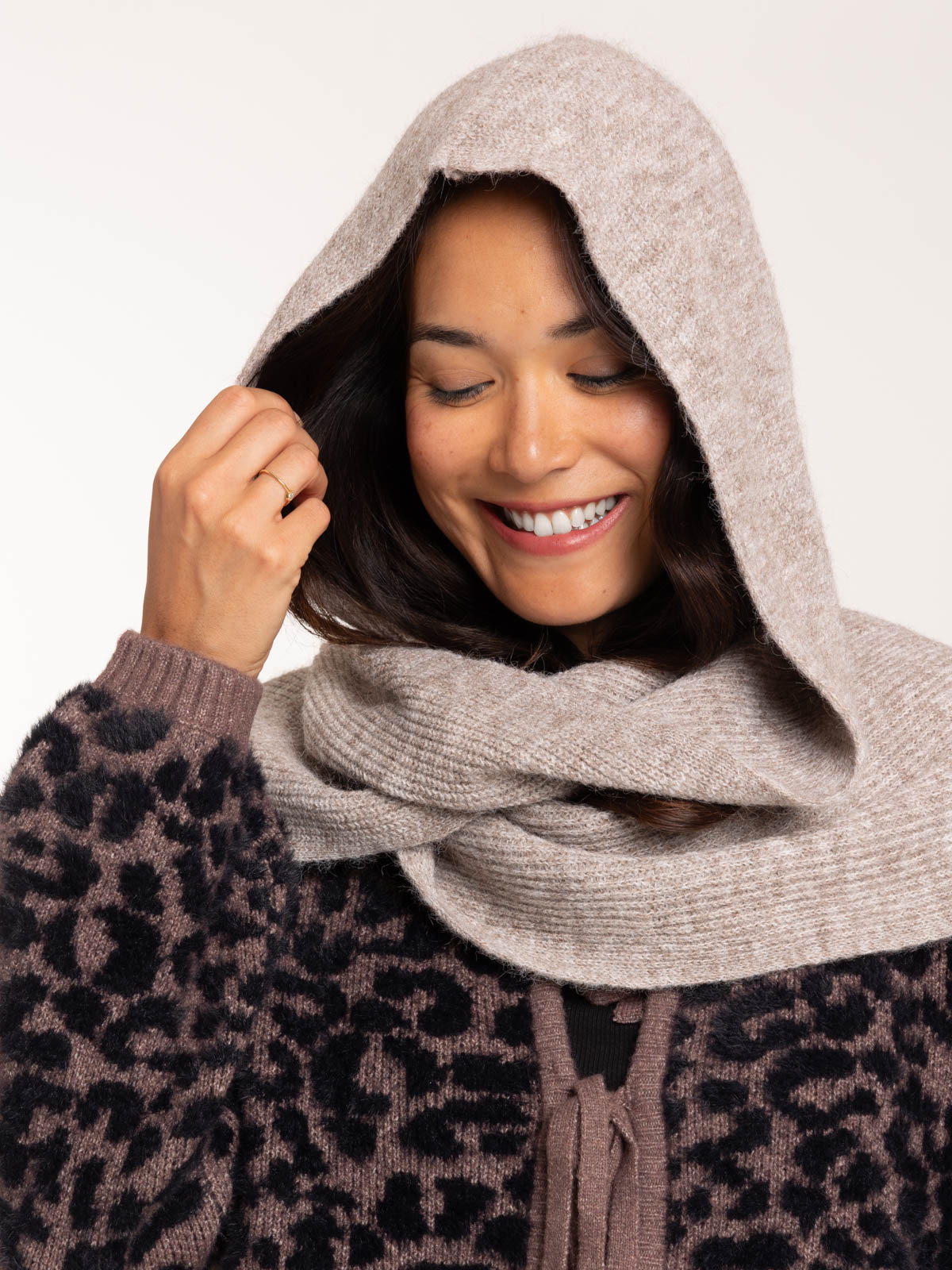 Bonnet écharpe 2-en-1 beige chiné femme Bonnet écharpe 2-en-1 beige chiné femme