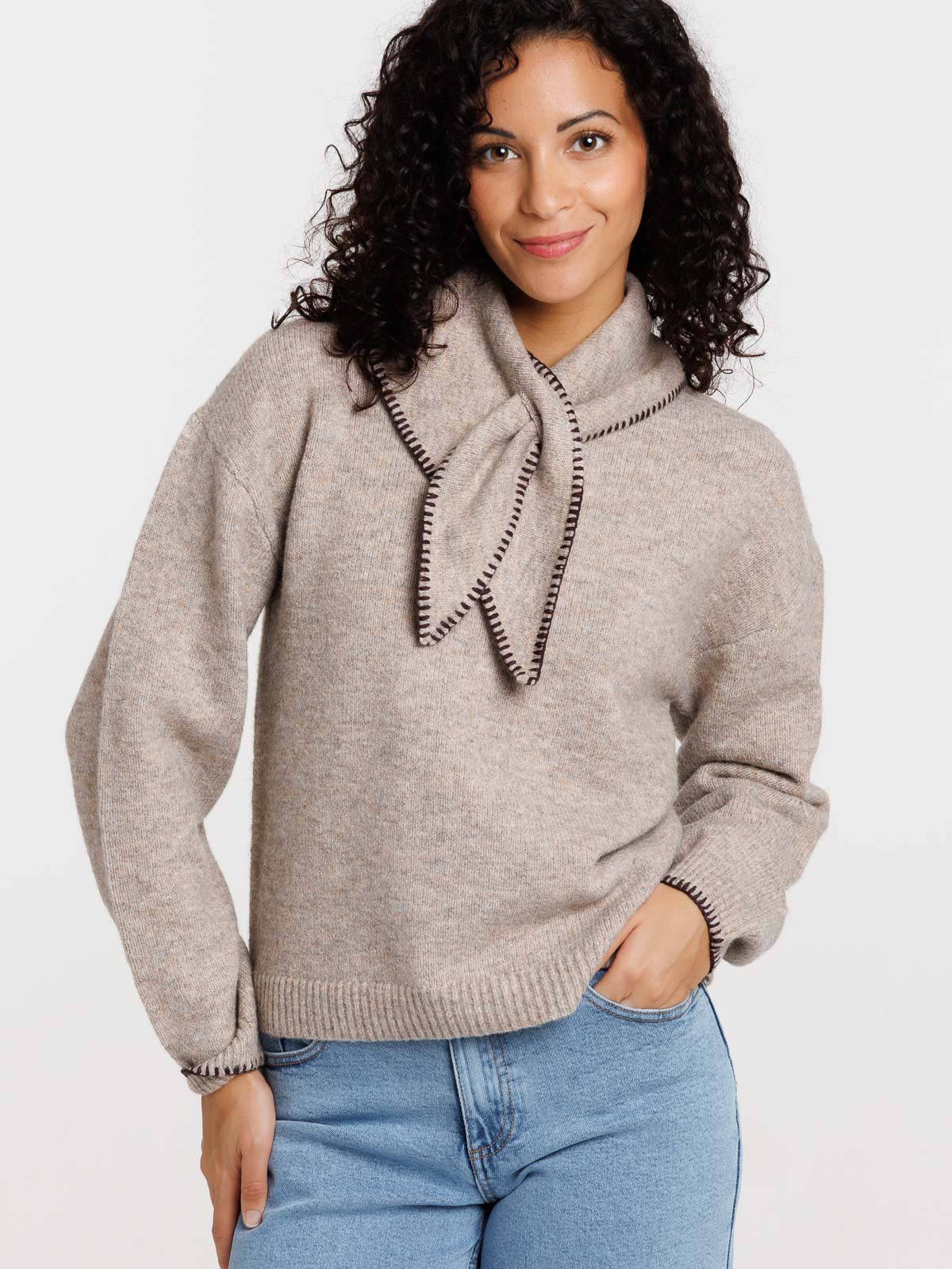 Pull foulard amovible beige chiné femme Pull foulard amovible beige chiné femme