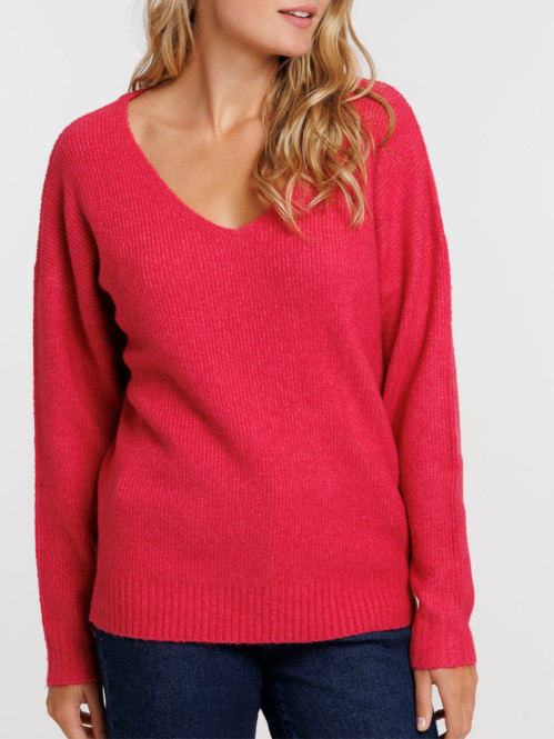 Pull col V rose fiesta femme