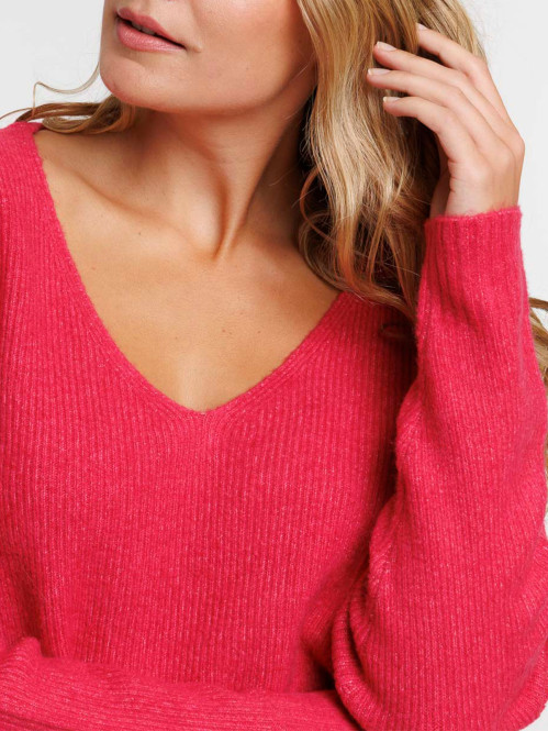 Pull col V rose fiesta femme