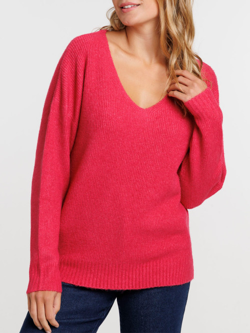 Pull col V rose fiesta femme