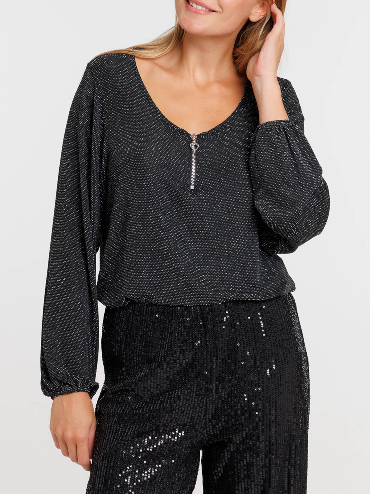 T-shirt zippé noir manches longues femme