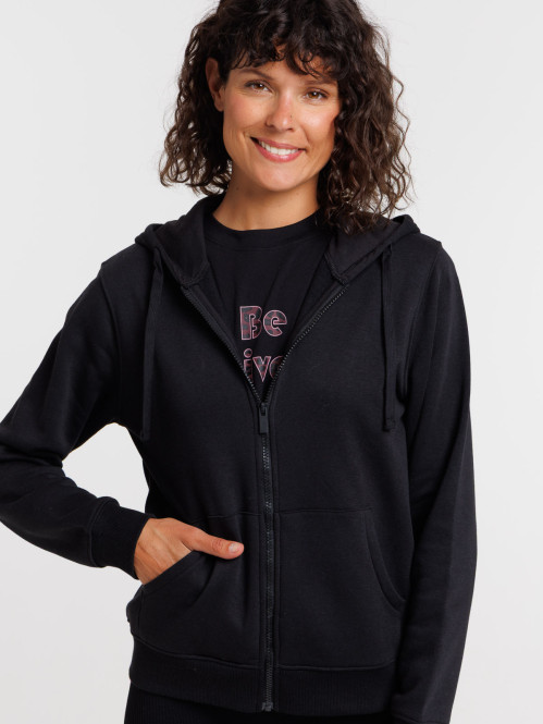 Sweat zippé capuche noir femme
