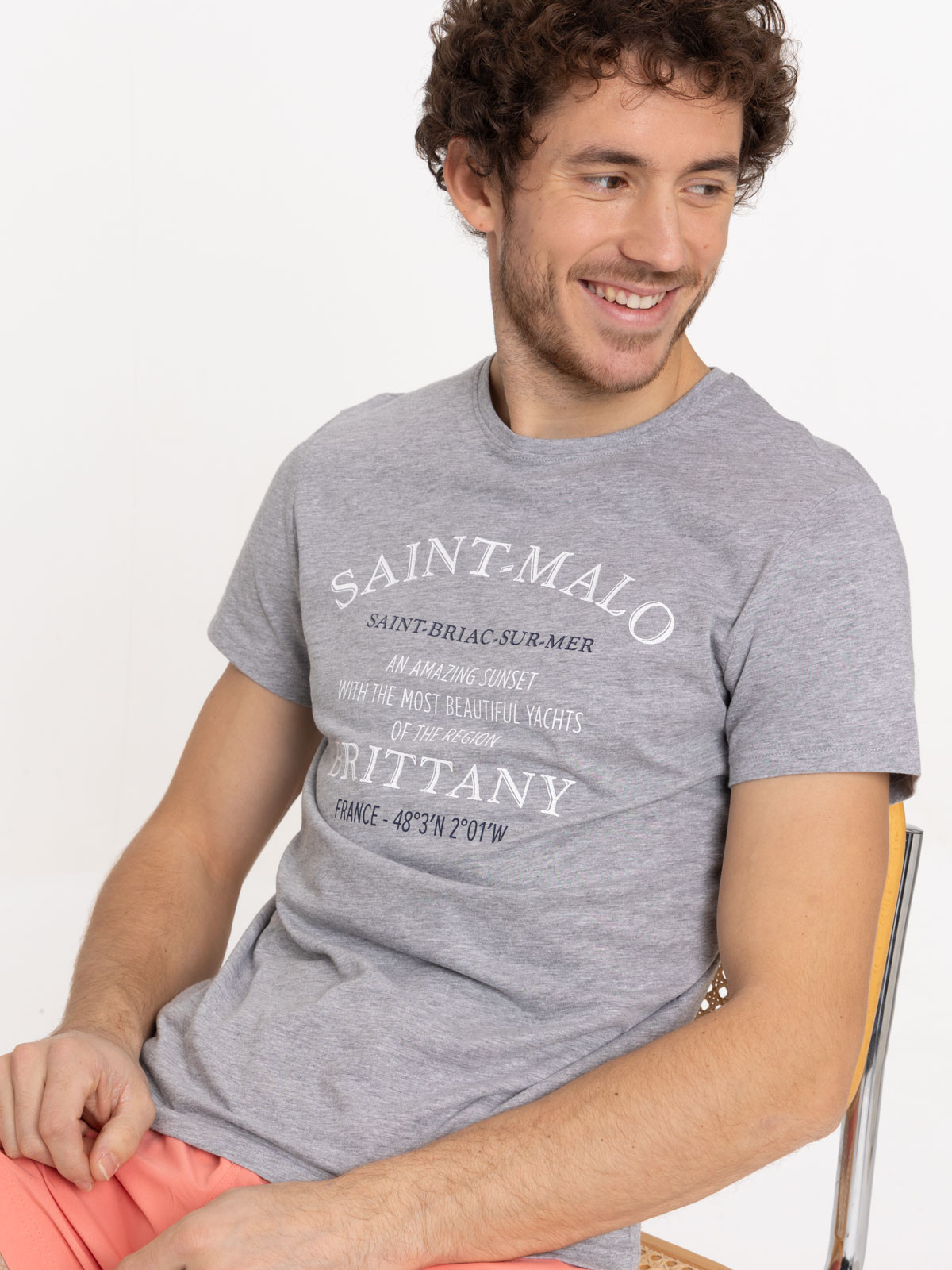 T shirt gris chine imprime homme