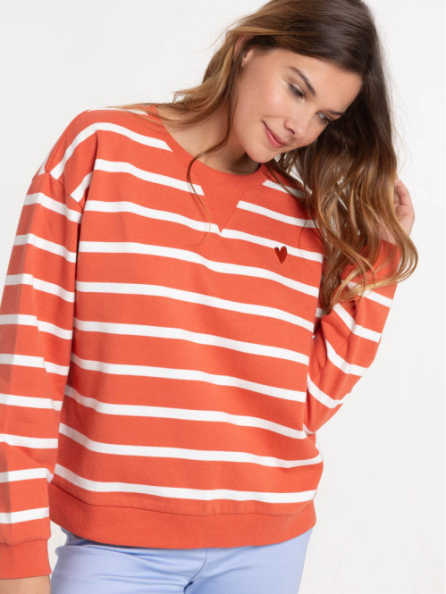 Sweat rayé coeur brodé femme