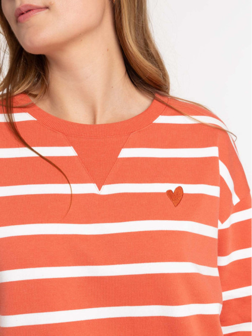 Sweat rayé coeur brodé femme