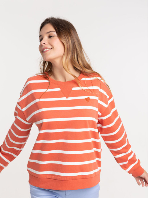 Sweat rayé coeur brodé femme