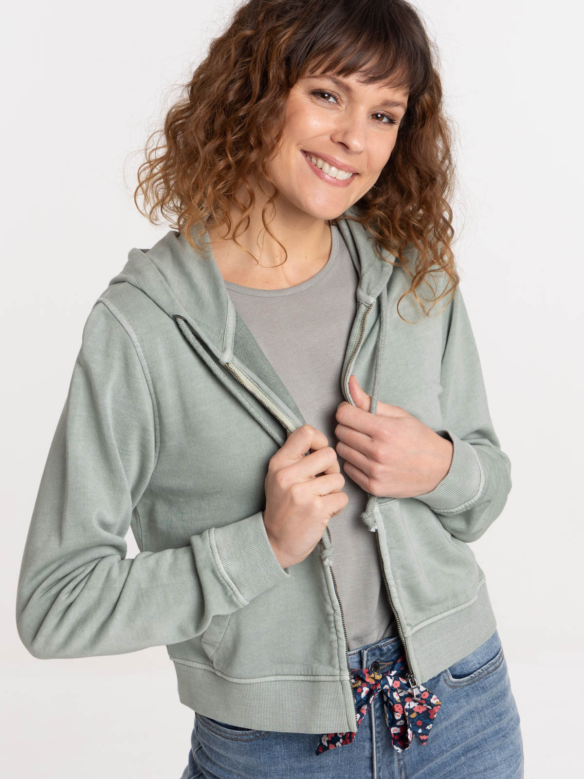 Sweat capuche zippé vert grisé femme