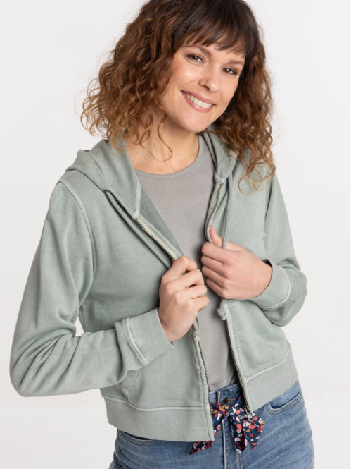 Sweat capuche zippé vert grisé femme