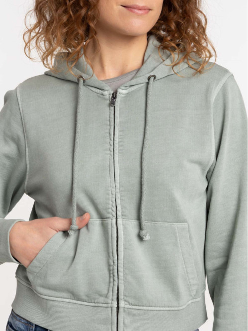Sweat capuche zippé vert grisé femme