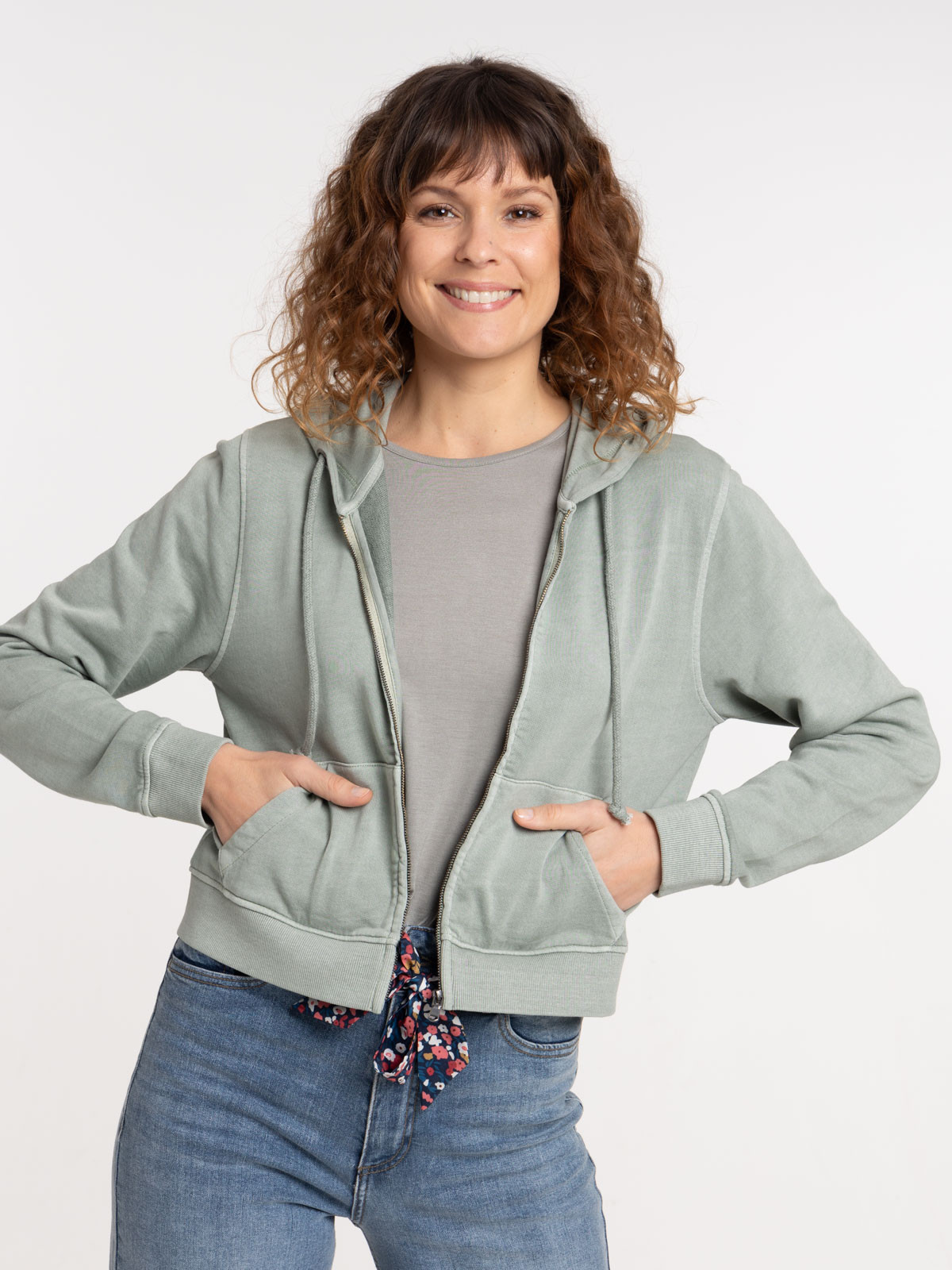 Sweat capuche zippé vert grisé femme