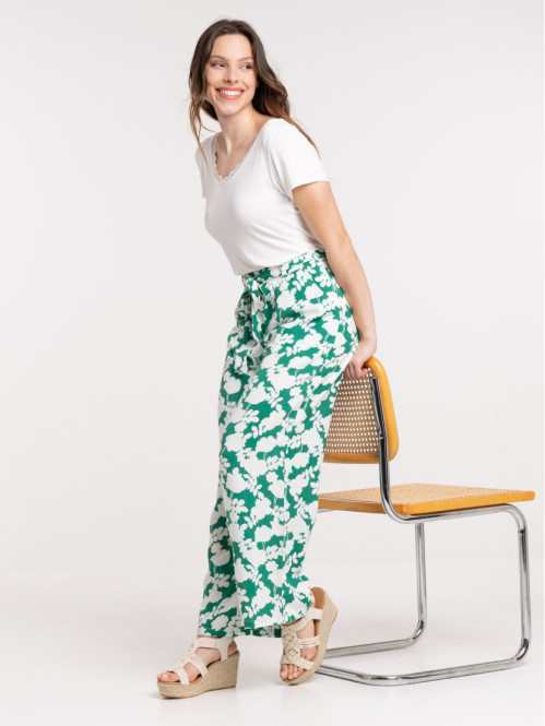 Pantalon fleuri large fluide femme