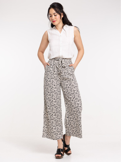 Pantalon large fluide fleuri femme