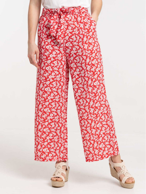 Pantalon large fleuri rouge femme