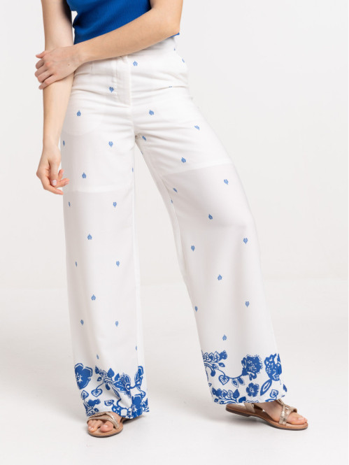 Pantalon large blanc imprimé femme Pantalon large blanc imprimé femme