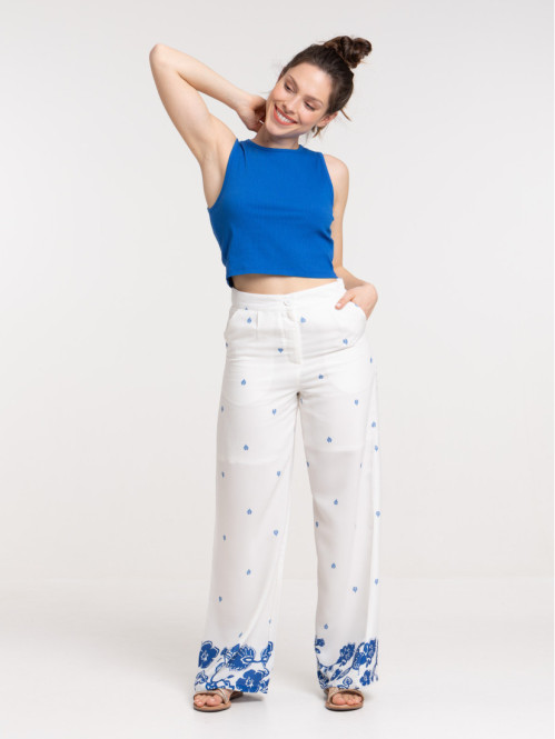 Pantalon large blanc imprimé femme