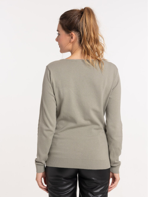 Pull col V vert grisé femme