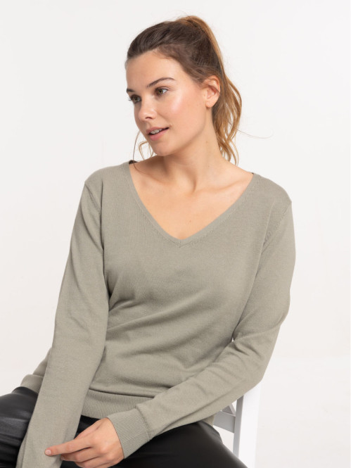 Pull col V vert grisé femme