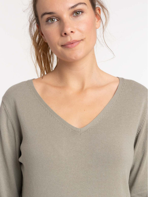 Pull col V vert grisé femme