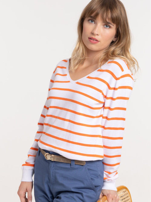 Pull rayé blanc et orange femme Pull rayé blanc et orange femme