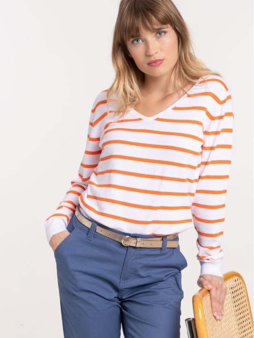 Pull rayé blanc et orange femme