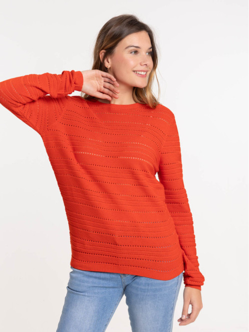 Pull rouge vermillon col rond femme