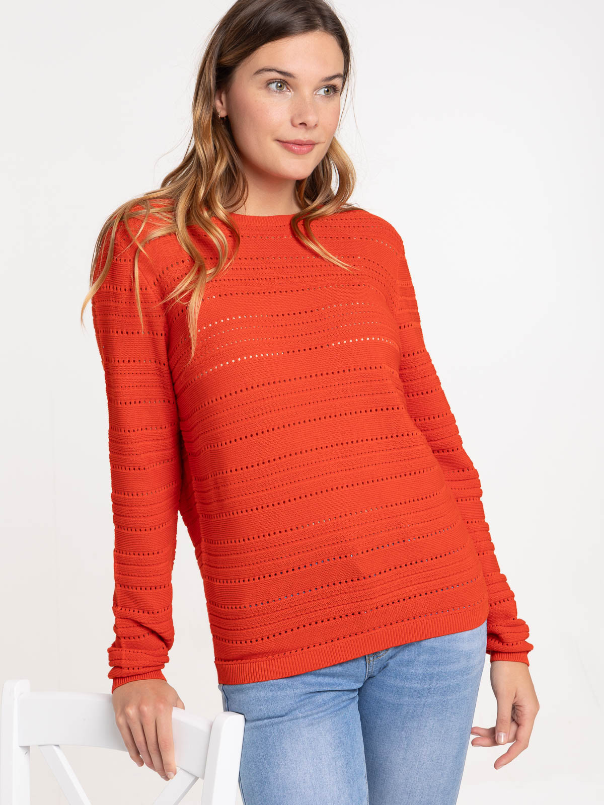 Pull rouge vermillon col rond femme