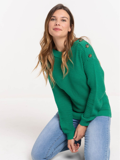 Pull boutons épaules vert bosphore femme