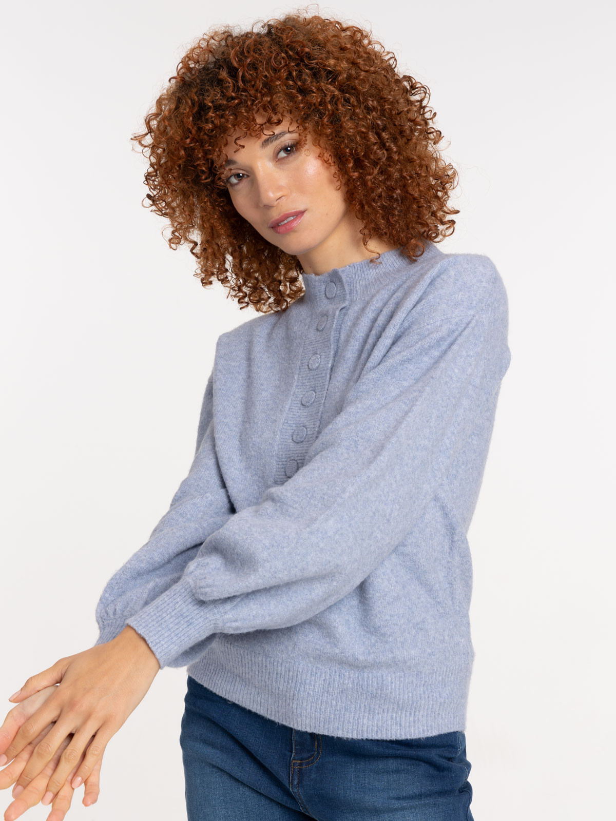 Pull col montant boutonné femme