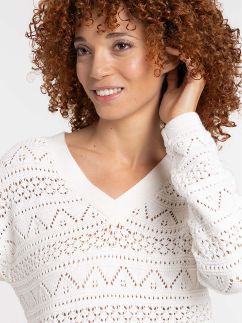 Pull col V écru femme