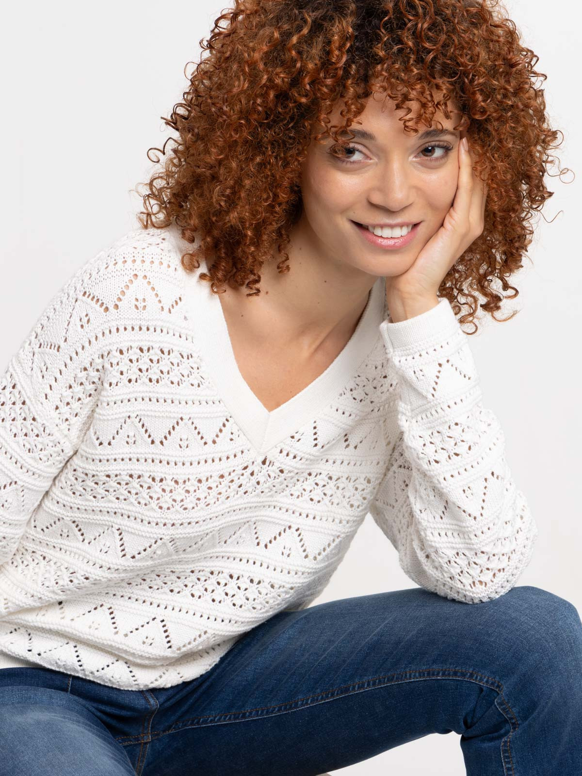 Pull col V écru femme