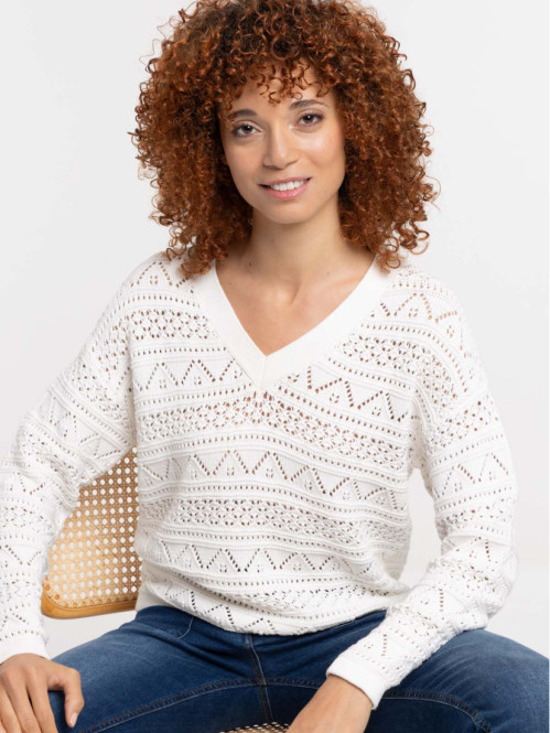 Pull col V écru femme