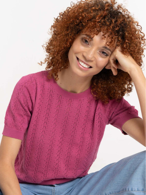 Pull aubergine manches courtes femme