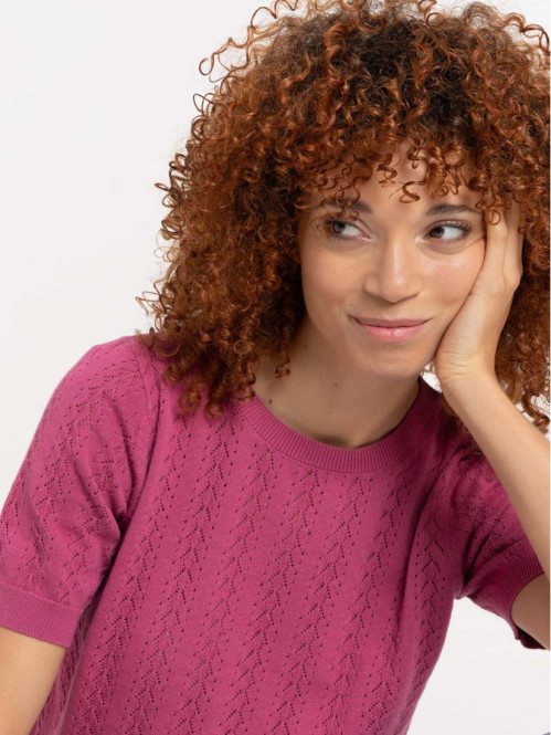 Pull aubergine manches courtes femme