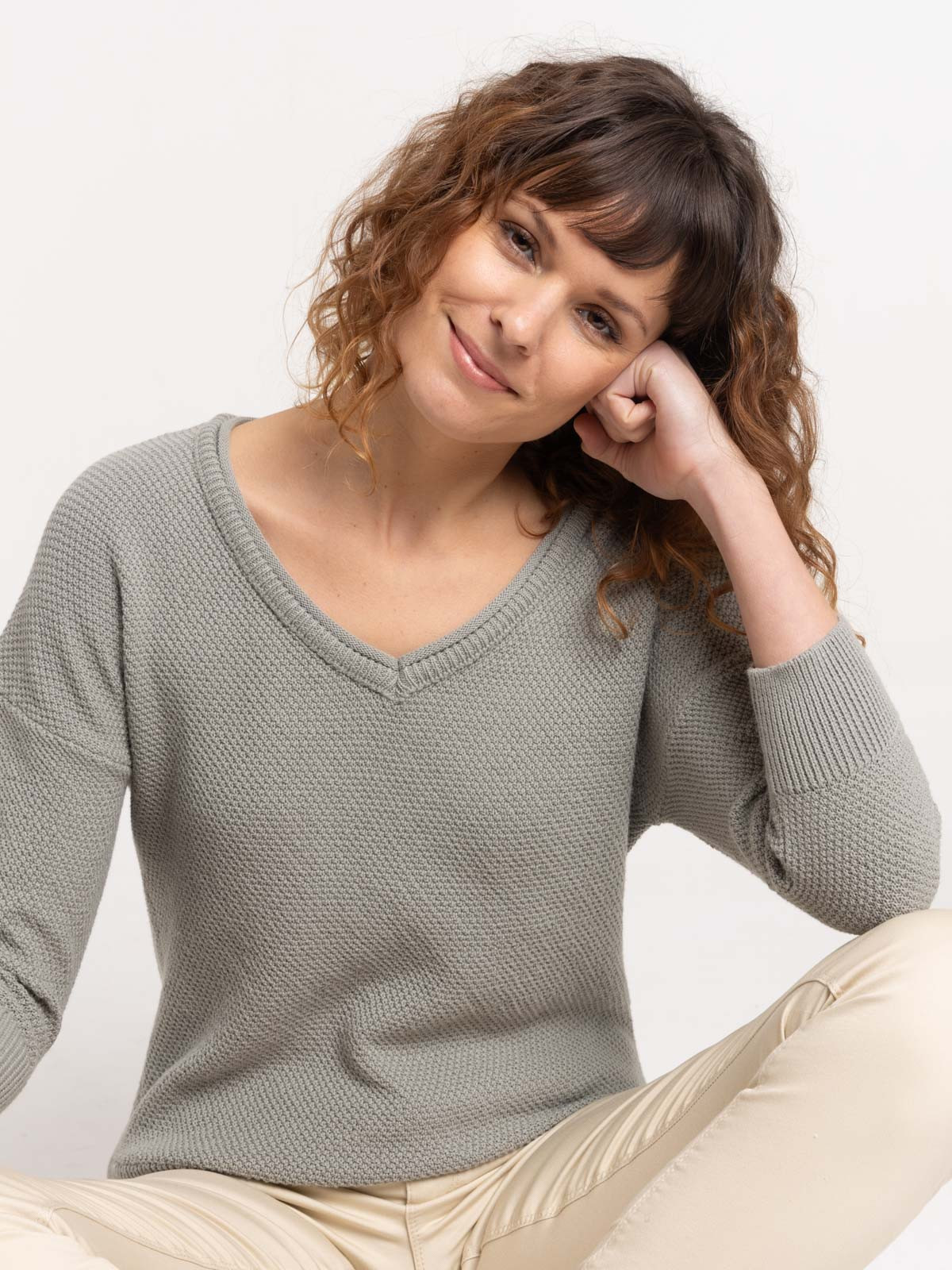 Pull manches longues vert grisé femme