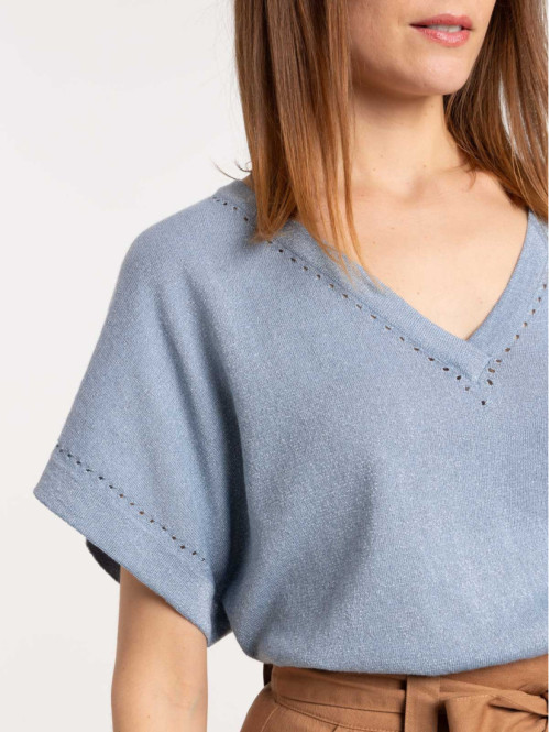 Pull Femme Col V Boutonné - Manches Courtes En Lin - Taille Unique Confortable Style Vintage été