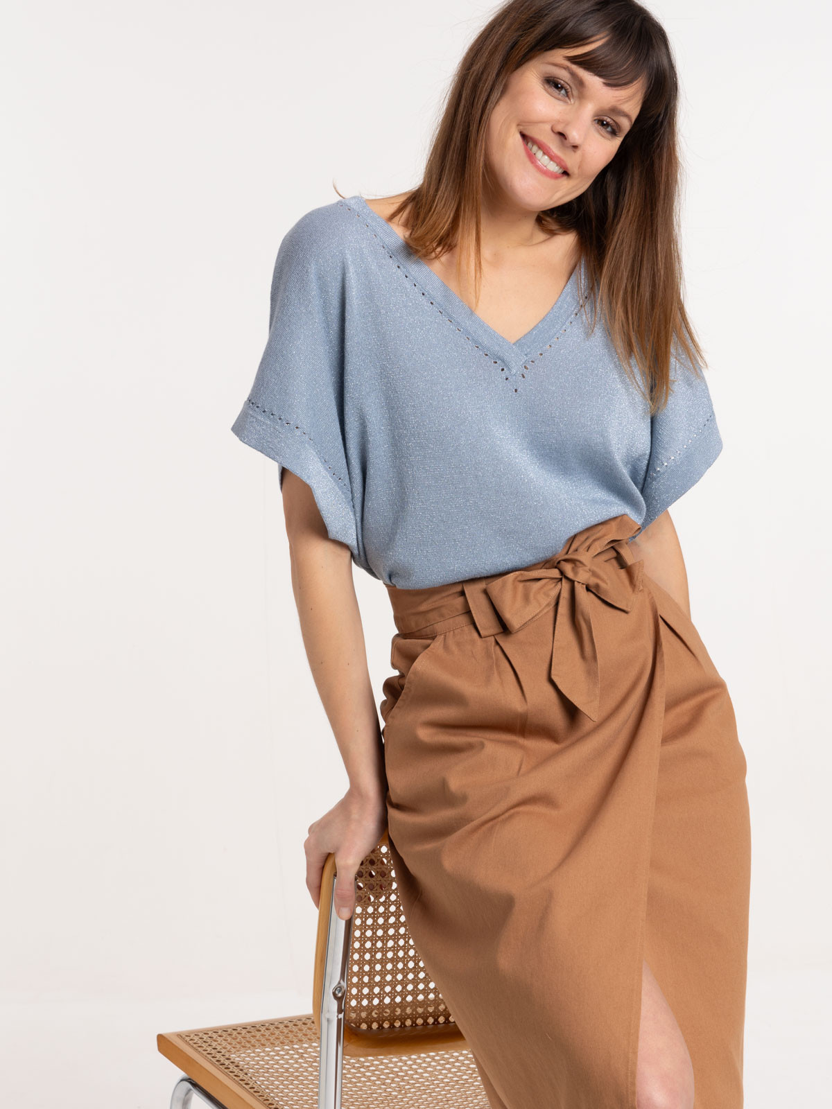 Pull manches courte bleu denim femme