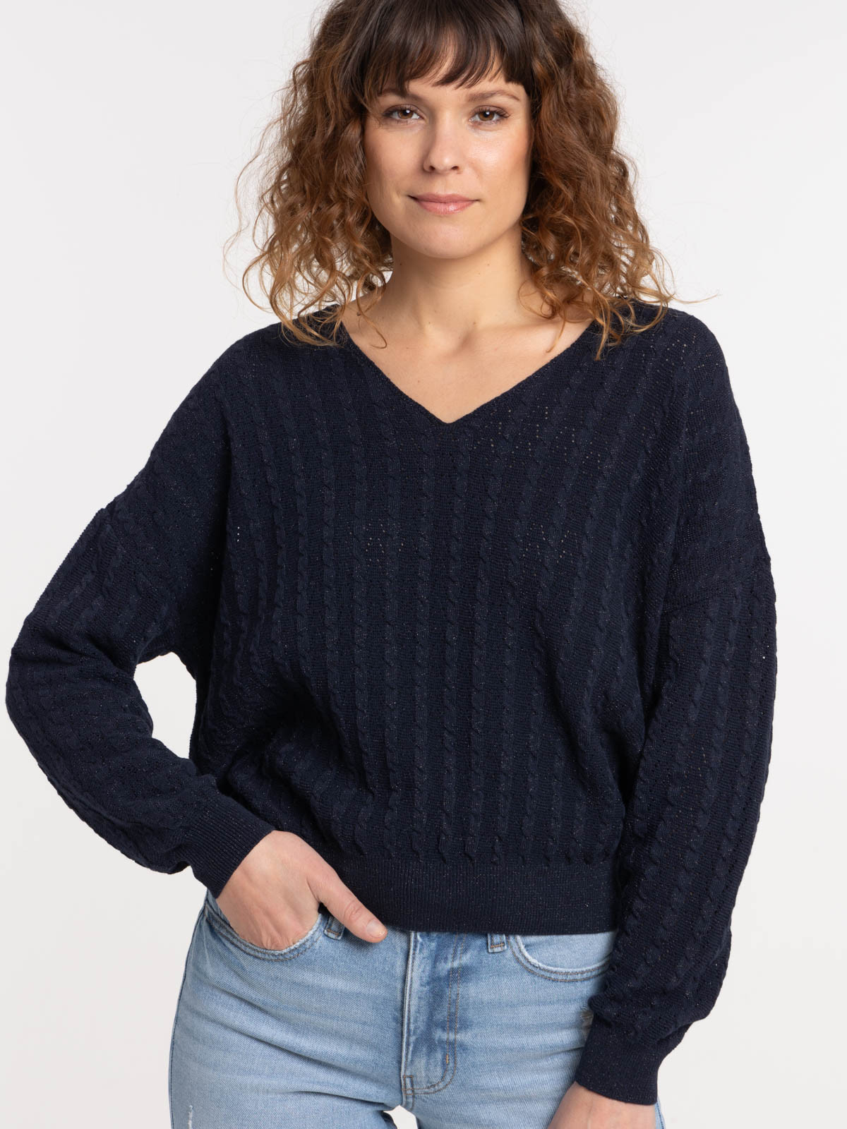 Pull col V marine navy femme