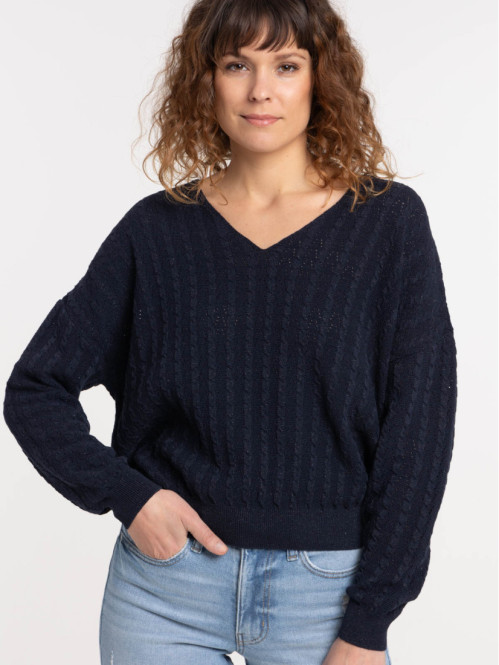 Pull col V marine navy femme