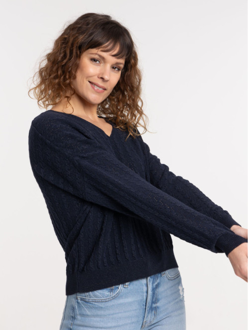 Pull col V marine navy femme