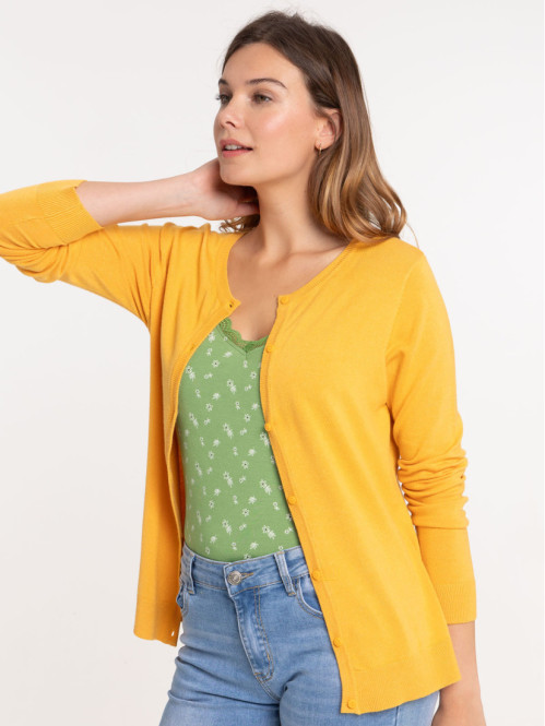 Gilet fin boutonné jaune soleil femme