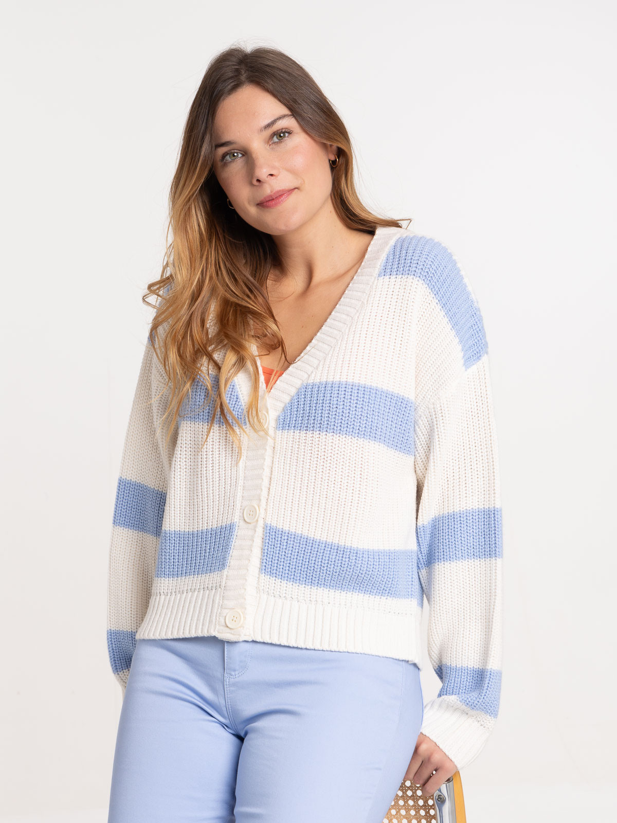 Gilet col V boutonne raye femme